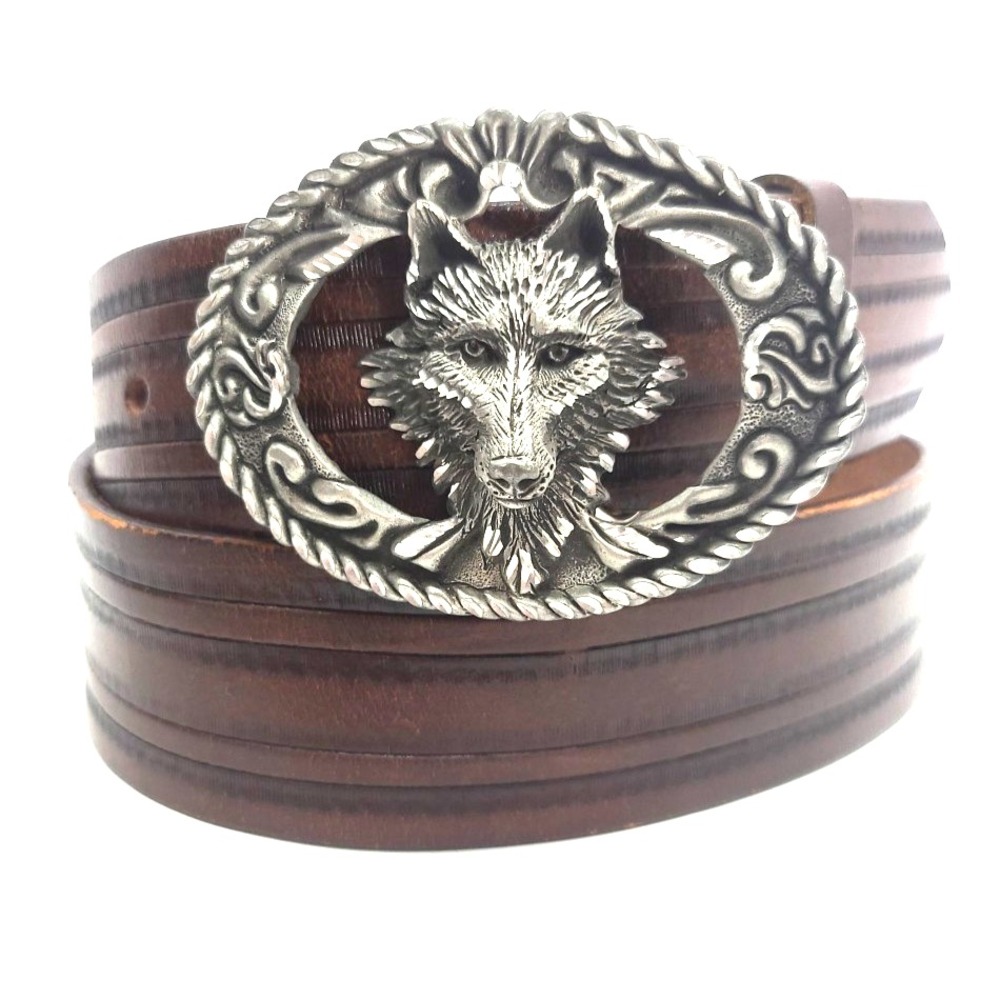 Browning Mens Belt Genuine‎ Full Grain Leather sz 38 With Wolf Head Buckle